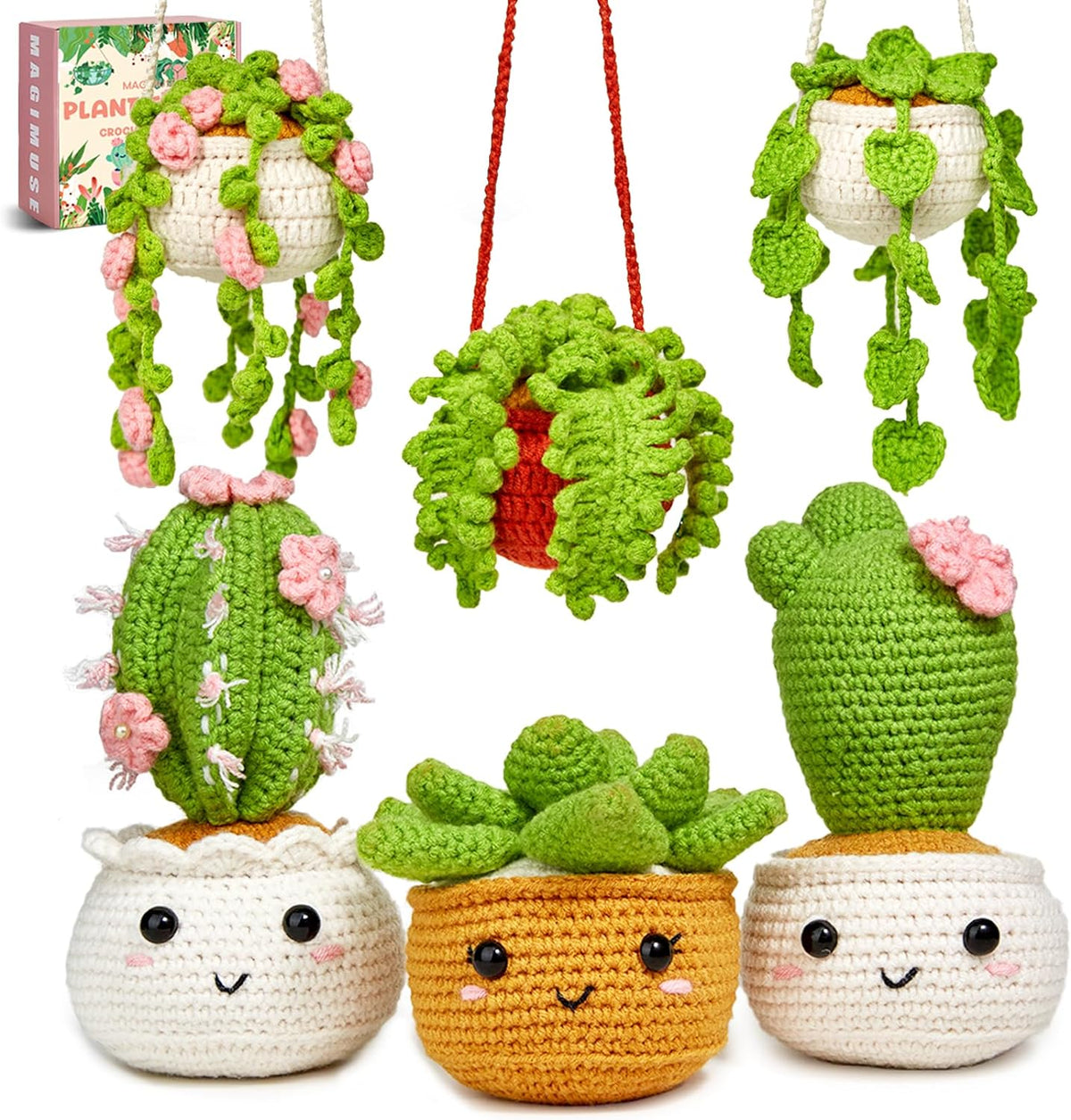 MAGIMUSE Crochet Kit for Beginners, Crochet Starter Kits, Amigurumi Craft Knitting Crocheting Kits with Step-By-Step Video Tutorials, 6 Pack Hanging Potted Plants Family(40%+ Yarn)