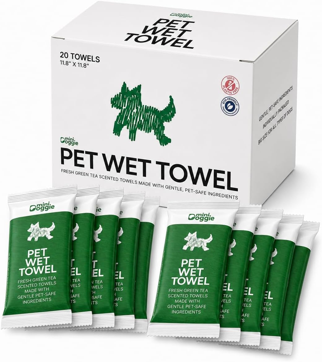 Pet Wet Towel for Small Dogs — Individually Wrapped 11.8" Square Bath Wipes, No-Rinse, Fresh Green Tea Scent, Travel-Ready (10 Count)