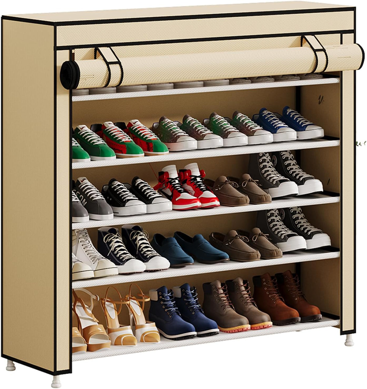 Calmootey 5 Tier Shoe Rack Organizer to Hold 25 Pairs, Portable Shoe Shelf with Nonwoven Fabric Cover for Closet Hallway, Bedroom, Entryway, Beige
