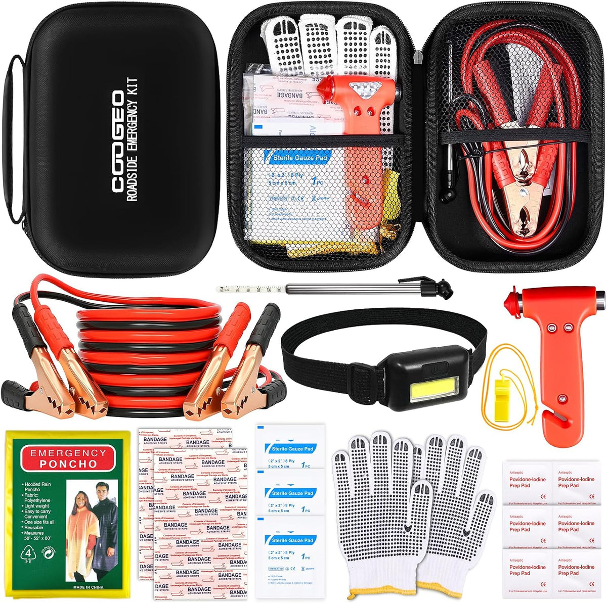 COOGEO 10PC Roadside Emergency Car Kit with Jumper Cables, Car Accessories for Men, Assistance Safety Kit Includes Safety Hammer, Headlamp, Gloves, First Aid Kit for Women, Men, Teenagers