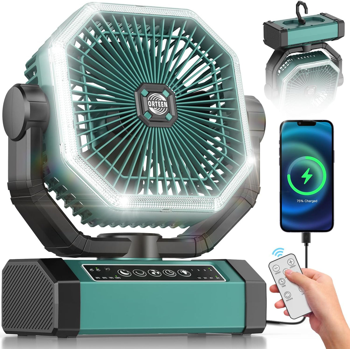 Portable Rechargeable Fan - 9-Inch Camping Fan for Tent, 20000Mah(60Hrs) Battery Operated Fan for Camping, Auto Oscillation Cordless Fans, Tent Fan with Remote/Light, 4 Speeds, 4 Timing, Outdoor