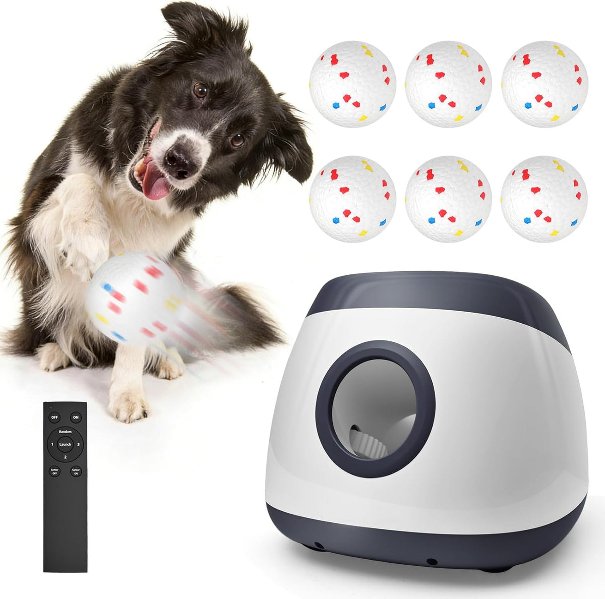 Automatic Dog Ball Launcher for Large Dogs, Machine Ball Thrower for Dogs, with 6 Pack 2.5" Balls (Grey), Interactive for Boredom, Mental Stimulation Toys