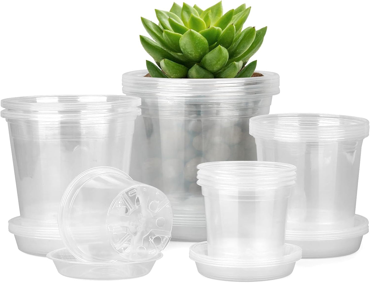 FUIJOL 4/5/6/7 Inch Clear Nursery Pots for Plants with Sacuers 20 Pack, Plastic Flower Pots with Drainage Holes, Variety Pack Seedlings Garden Pot for Indoor Outdoor (4+5+6+7 Inch)