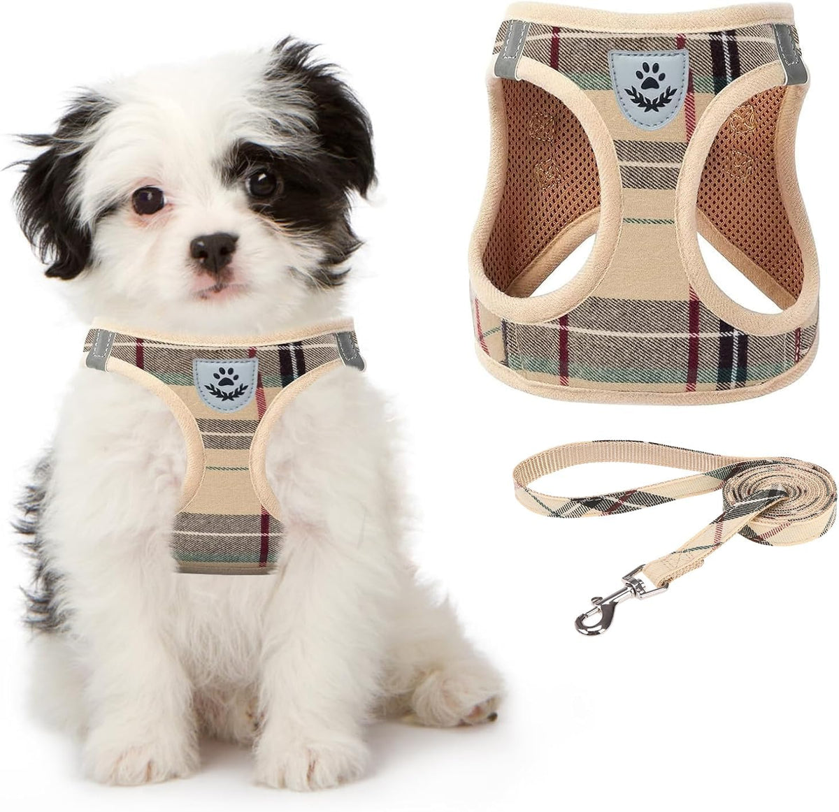 Dog Harness for Small Medium Dogs,Dog Harness and Leash Set, Step in No Pull Soft Mesh Padded Adjustable and Reflective Pet Vest Harness Puppy, Plaid Extra Harness for XS S Dogs, Beige S