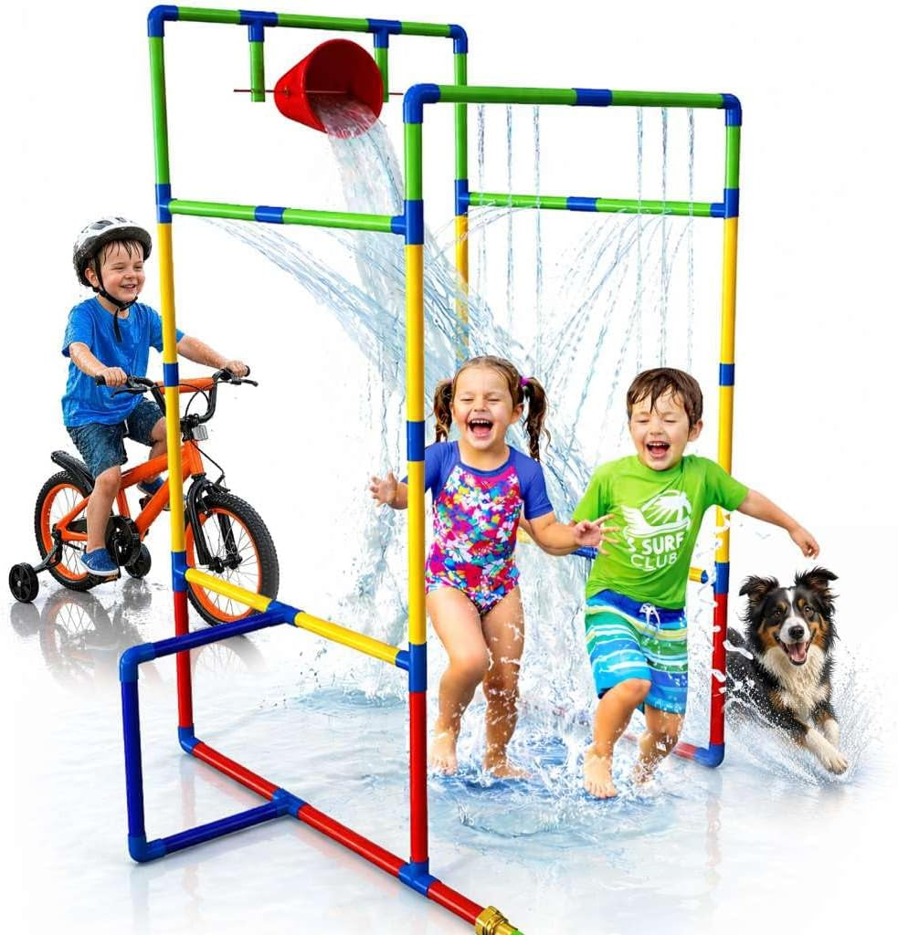 Kids Water Park Sprinkler Tunnel with Dunk Bucket | Outdoor Water Park for Backyard Summer Fun