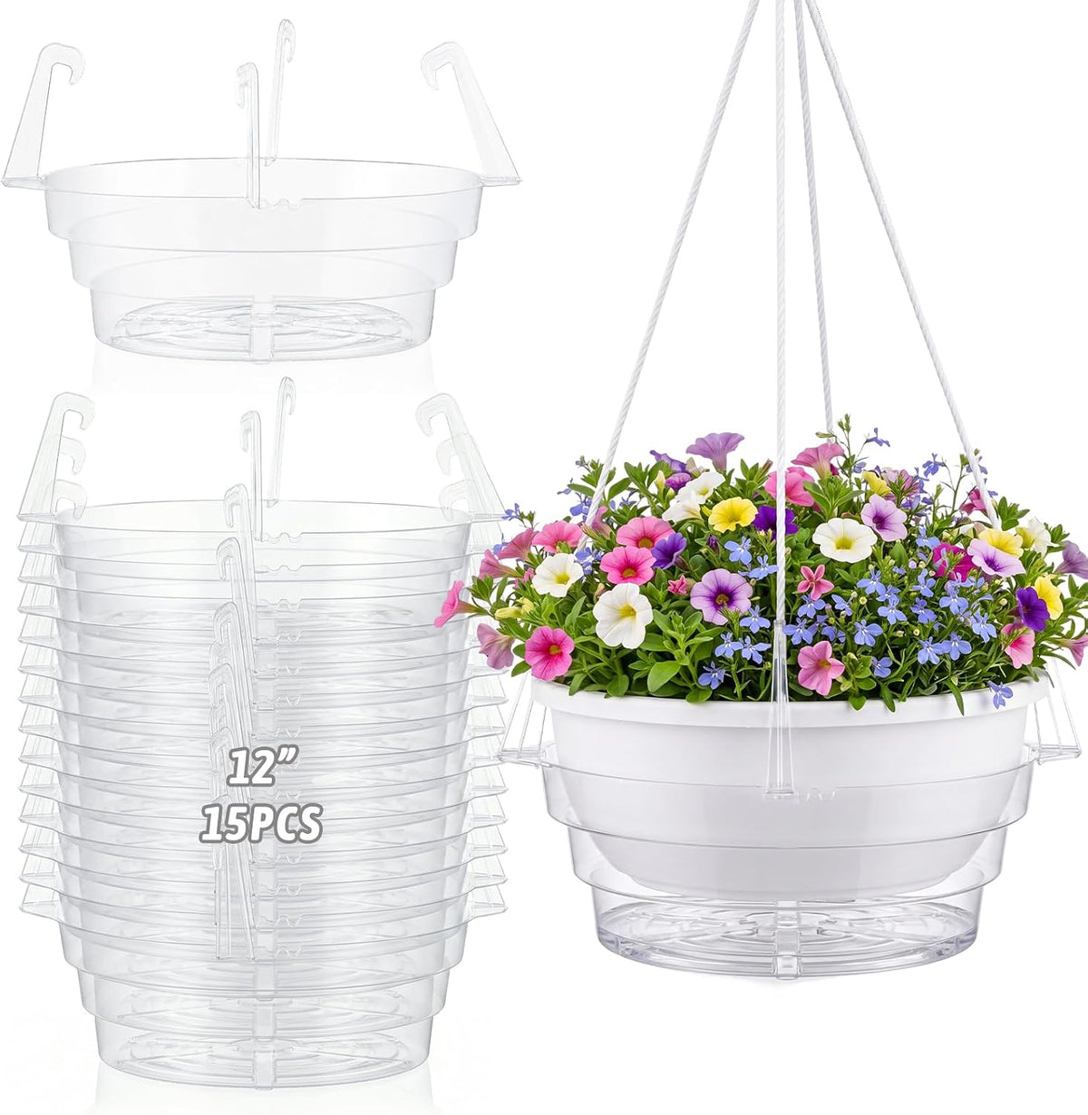 Gejoy 15 Pcs 12 Inch Hanging Plant Water Catcher Tray Clear Plastic Baskets Drip Pans for Flower Pot, round Plant Saucer with Hooks for Balcony Patio Indoor Outdoor Watering Accessories