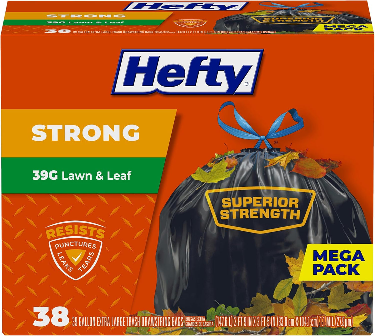 Hefty Strong Lawn and Leaf 39 Gallon Trash Bags, Heavy Duty, Black, 38Ct