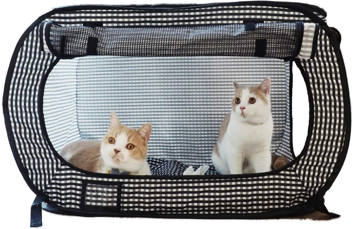 Necoichi Stress-Free Enclosure Cat Travel Carrier Cage 31.8" L X 20.0" W X 20.0" H Collapsible Gray White Stripes | Pop up Kannel, Crates