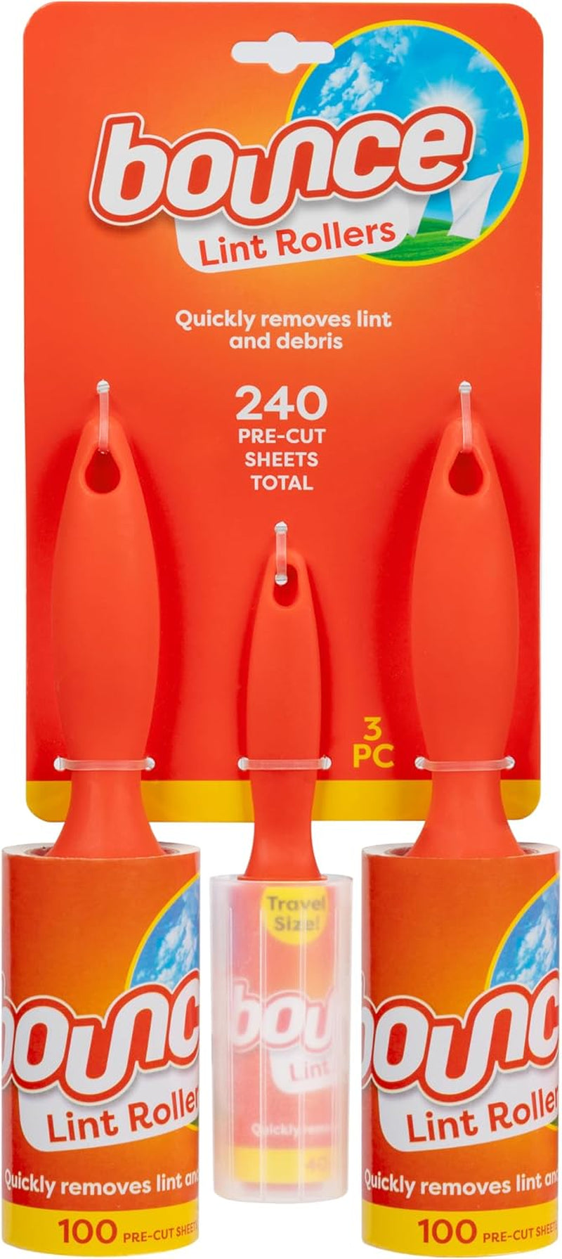 Bounce Lint Rollers To-Go, 3Pc Set, Quickly Removes Lint and Debris, 240 Pre-Cut Sheets Total