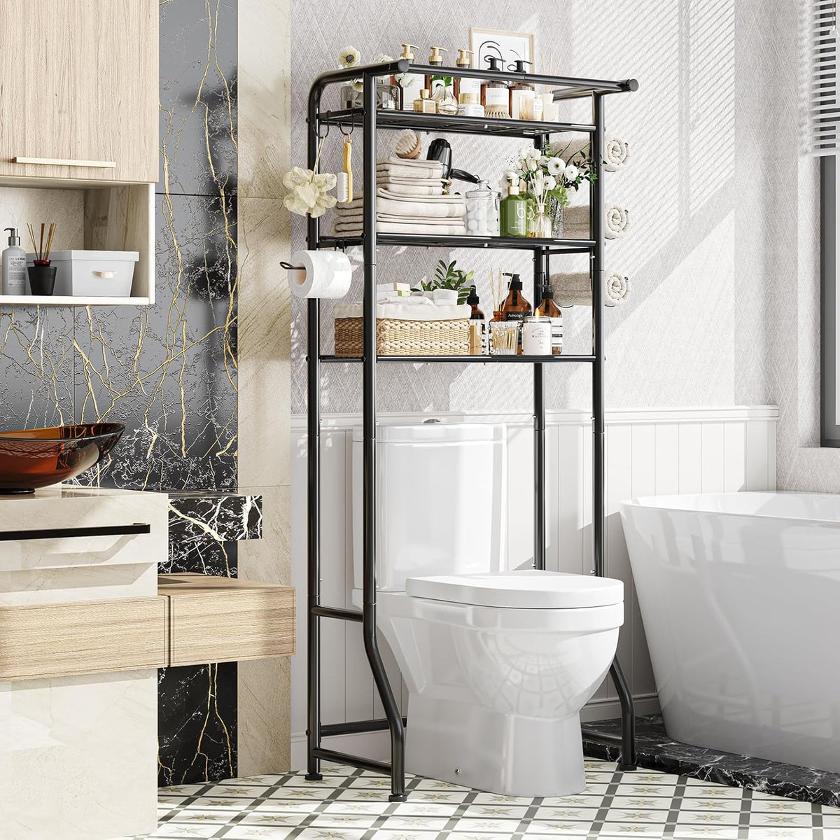 Simple Trending over the Toilet Storage Cabinet, Metal Bathroom Shelf Organizer with Paper Holder and Hooks, 3 Tier, Black