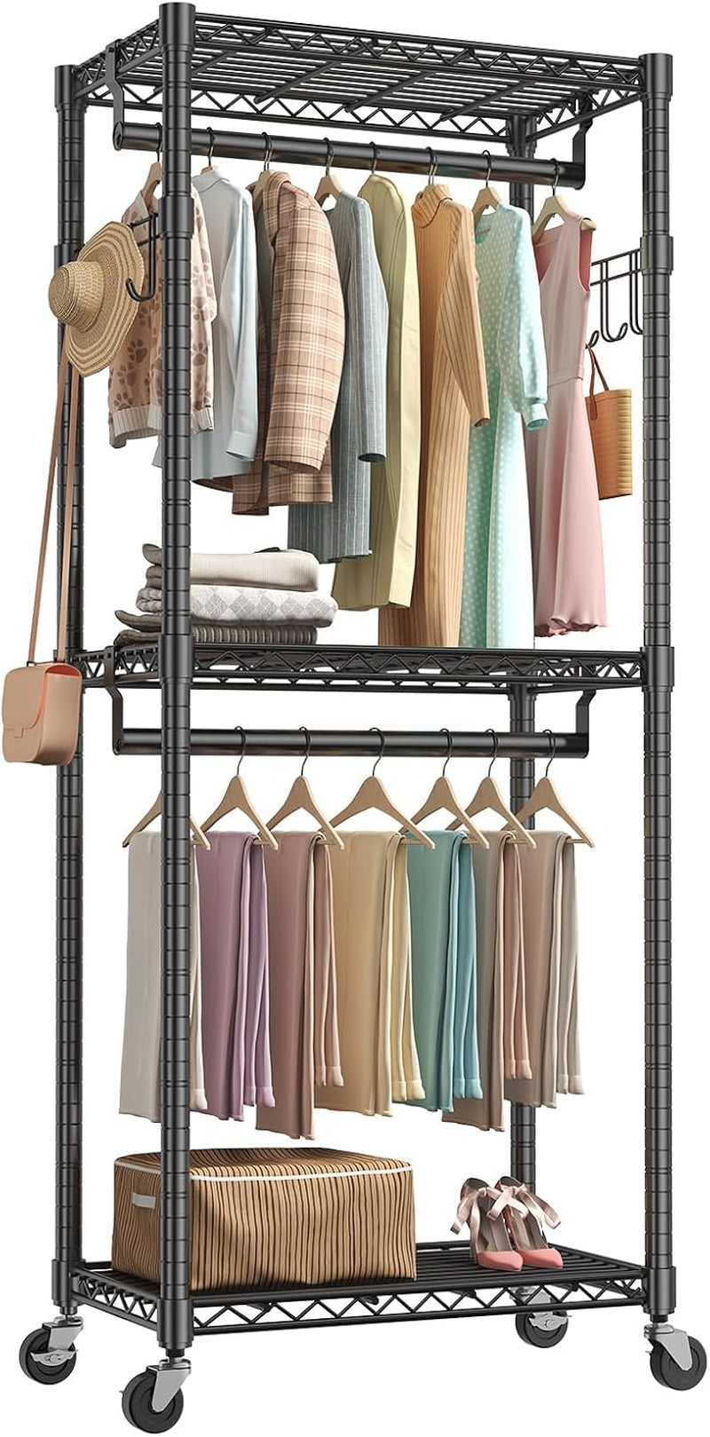 NEWBULIG 29'' Heavy Duty Garment Rack with Wheel, 3-Tier Clothing Rack