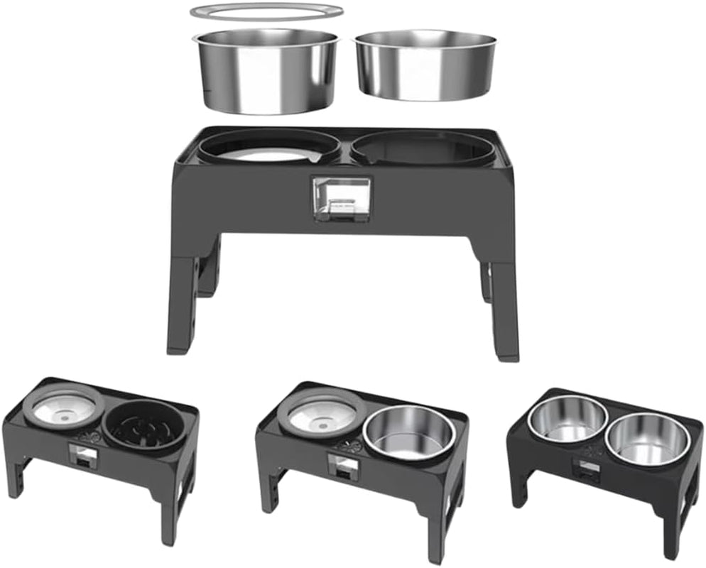 Elevated Dog Bowls, 4 Height Adjustable Stand with 2 Stainless Steel 2 L Bowls, Slow Feeder Insert, Floating Water Dispenser, Small to XL Dogs, Black