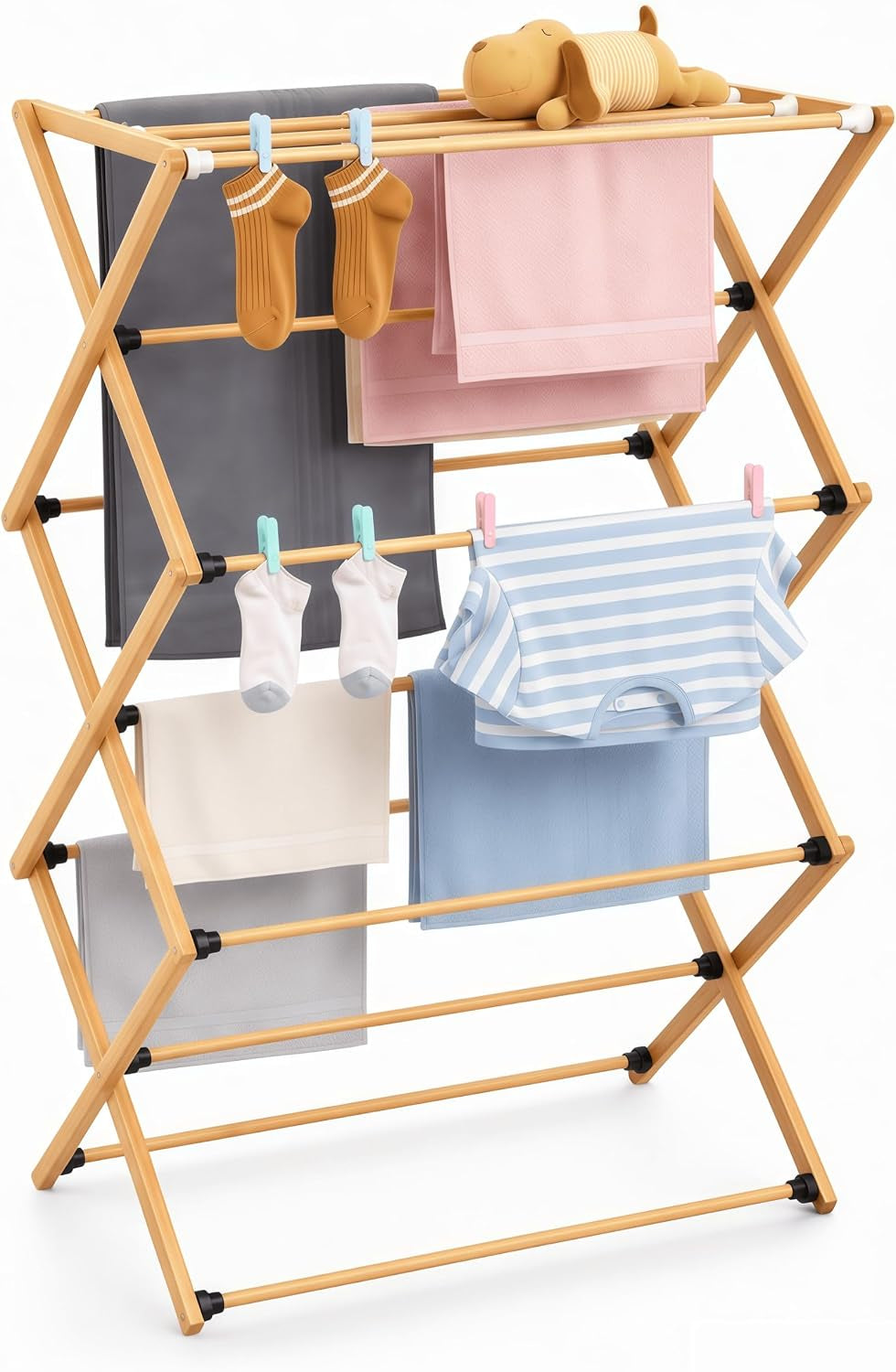 FJO Foldable Bamboo Clothes Drying Rack, 3-Tier Collapsible Laundry Clothes Hanger, Portable Wooden Drying Rack, Space Saving Indoor Outdoor, 28'' D X 15'' W X 39.3'' H, Beige