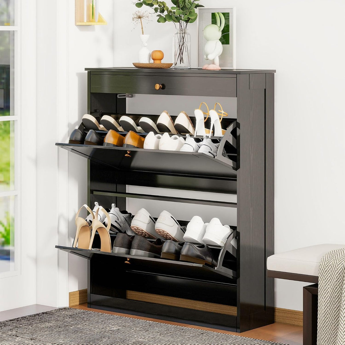 Wood Shoe Storage Cabinet, Hidden Shoe Rack Cabinet with 2 Flip Drawers