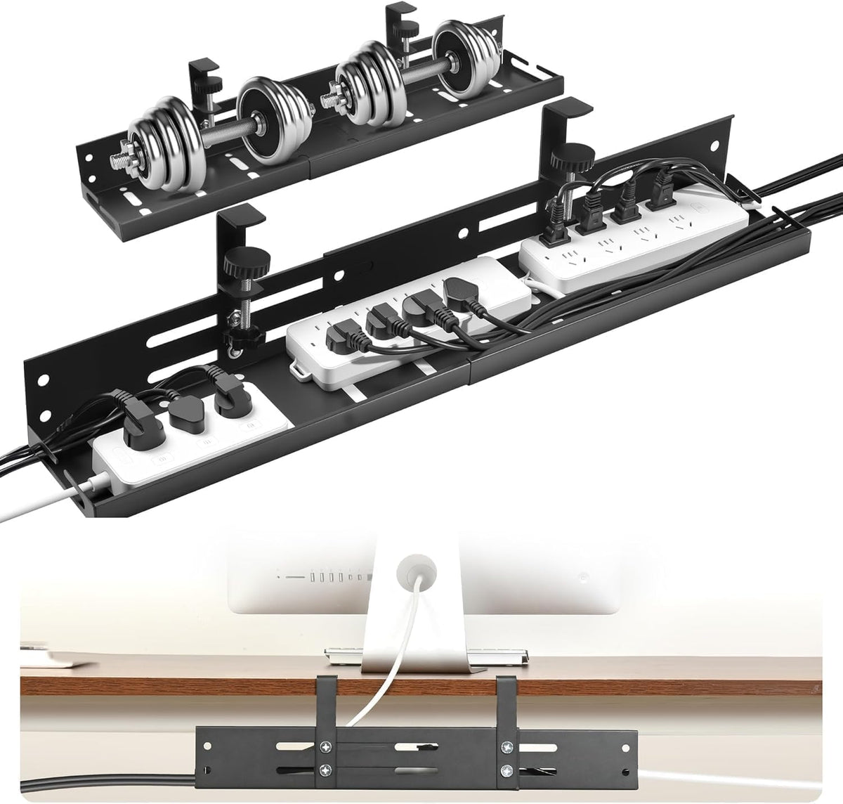 No Drill under Desk Cable Management Tray, 17”-30” Retractable Cord Organizer for Table, Clamp Mount Wire Basket, Power Strip Holder & Metal Cord Organizer for Office, Home,Black