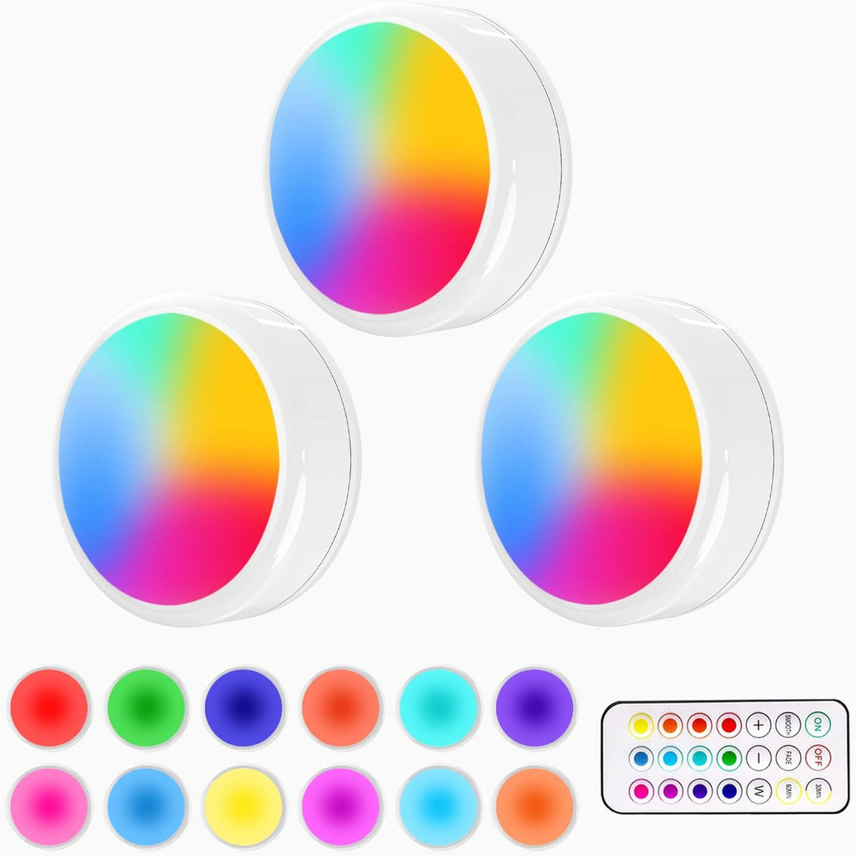 ILYXY Puck Lights with Remote, 3 Pack LED under Cabinet Lighting, Dimmable Push Battery Operated Wireless under Counter for Kitchen, Multicolor Transformation Stick On, Shiny White