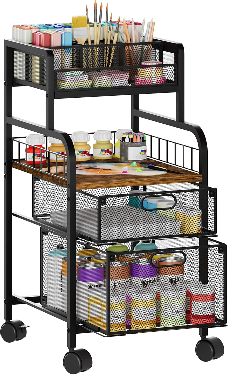 Art Cart with Drawers, Rolling Craft Cart with DIY Dividers & Wood Shelf - Mobile Art Supply Organizer for Artists, Students & Small Space, Heavy-Duty Metal, Lockable Wheels Espresso