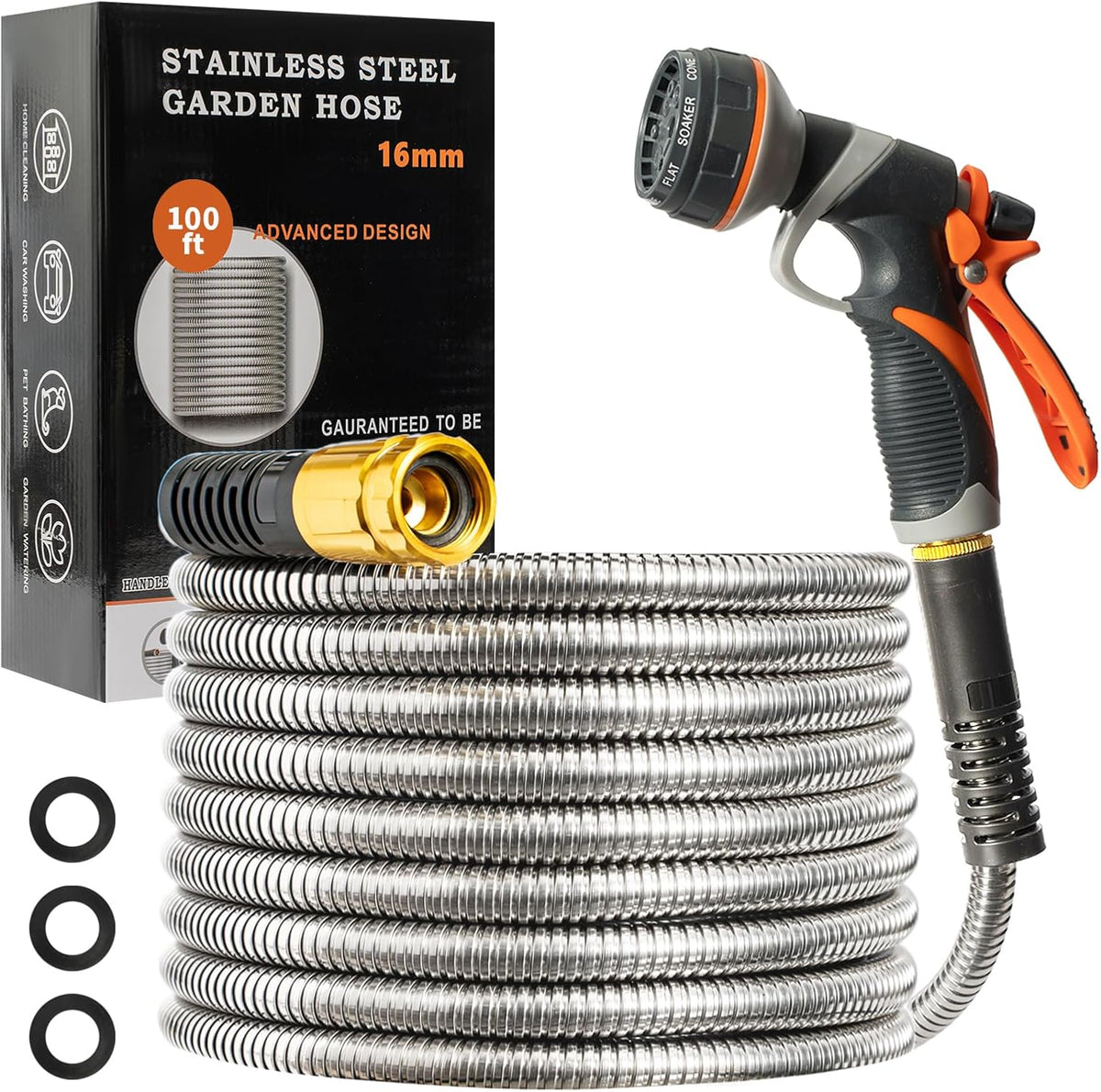 Metal Garden Hose 100FT Heavy Duty Lightweight 304 with Brass Nozzle,Durable Fittings,No Kink & Tangle,Puncture Resistant,Easy to Use & Store for Rv,Outdoor, Yard,Ligh (100Ft)