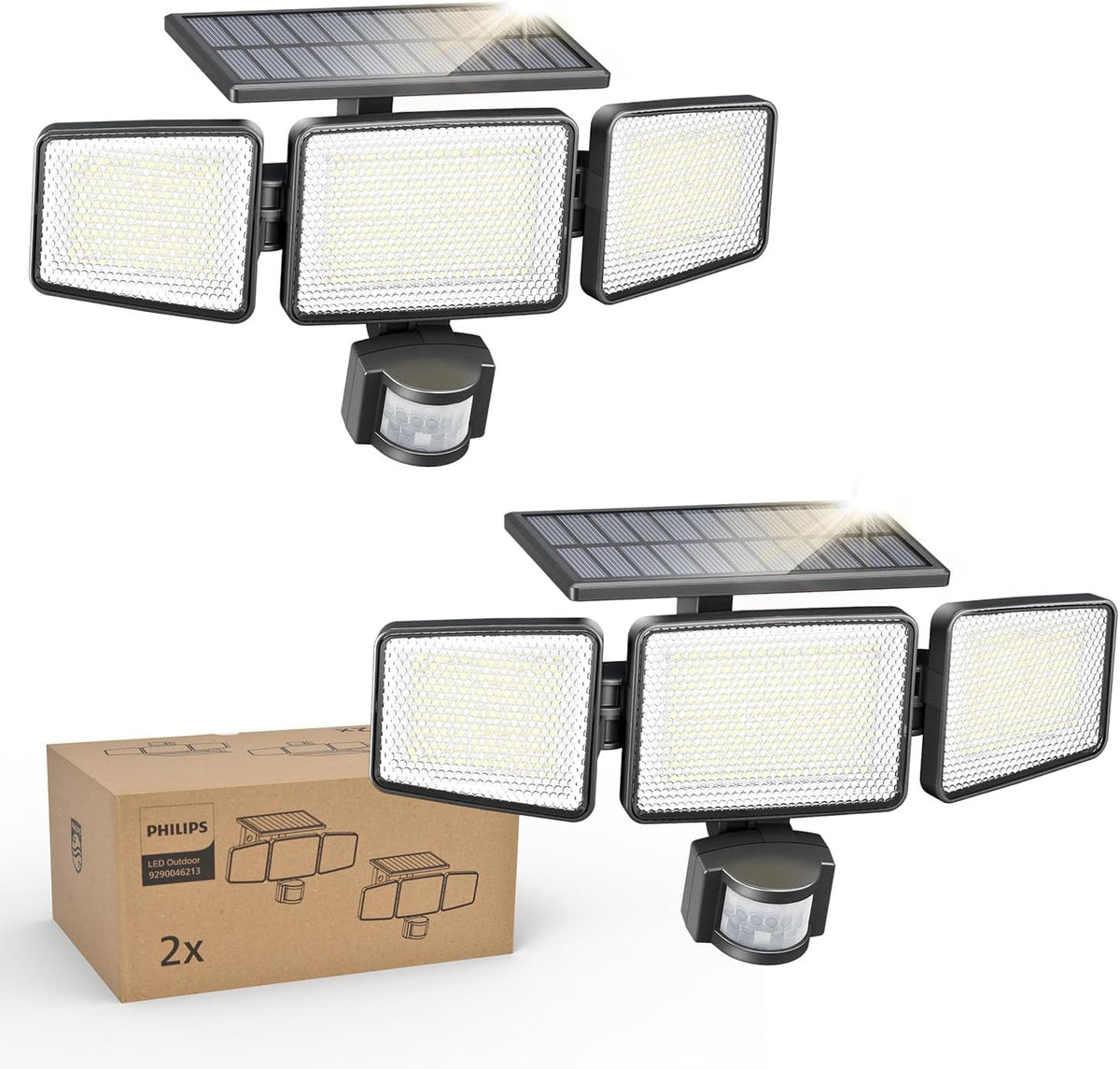 Philips Solar Security Light Outdoor 302 LED 1200Lm,Solar-Powered Waterproof Wall-Mounted Flood Light W/Pir Motion Sensor, 3 Heads, IP65 Waterproof, 3 Modes (2 Packs)