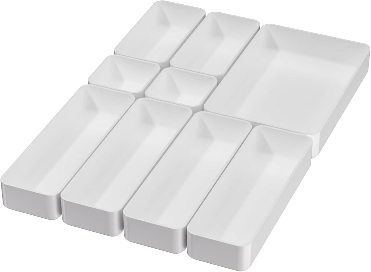 White Desk Drawer Organizer Trays: 9PC Shallow Vanity Bathroom Organizers