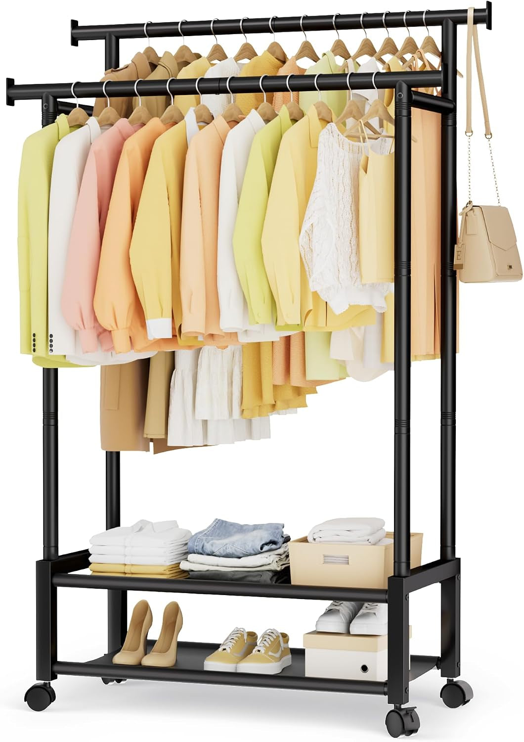 Double Rod Clothing Rack with 2 Shelves, Rolling, Black