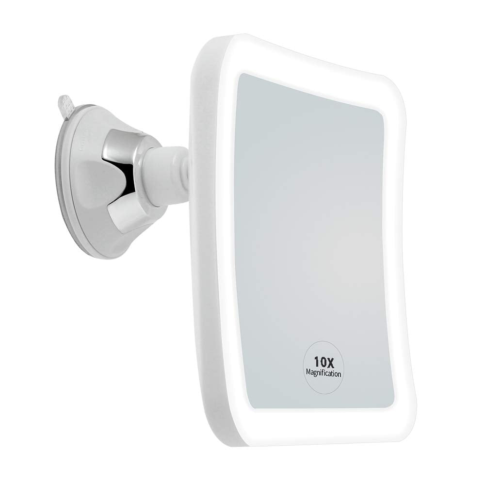 Jiben Square LED Lighted 10X Magnifying Makeup Mirror, Power Locking Suction Cup, Bright Diffused Light and 360 Degree Rotating Adjustable Arm, Portable Cordless Home and Travel Bathroom Vanity Mirror