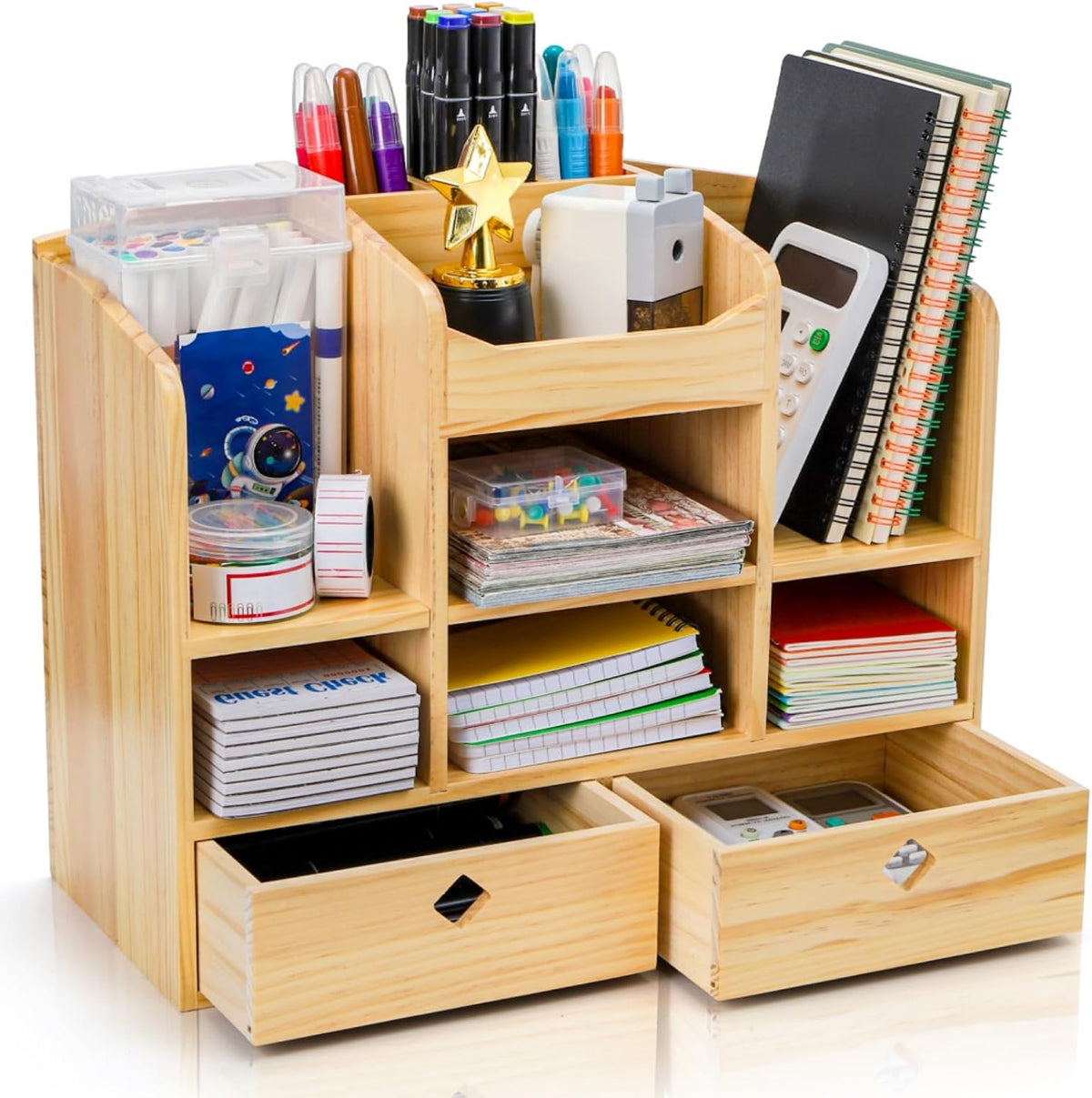 Wooden Desk Organizer with Drawers, 10 Compartments