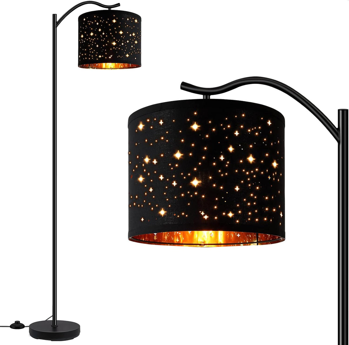 Boostarea Floor Lamp for Living Room,Led Arched Tall Modern Standing Lamp with Bohemian Linen Shade, E26 Socket, Footswitch,Black Mid Century Floor Lamp for Bedrooms,Office,Star Shade
