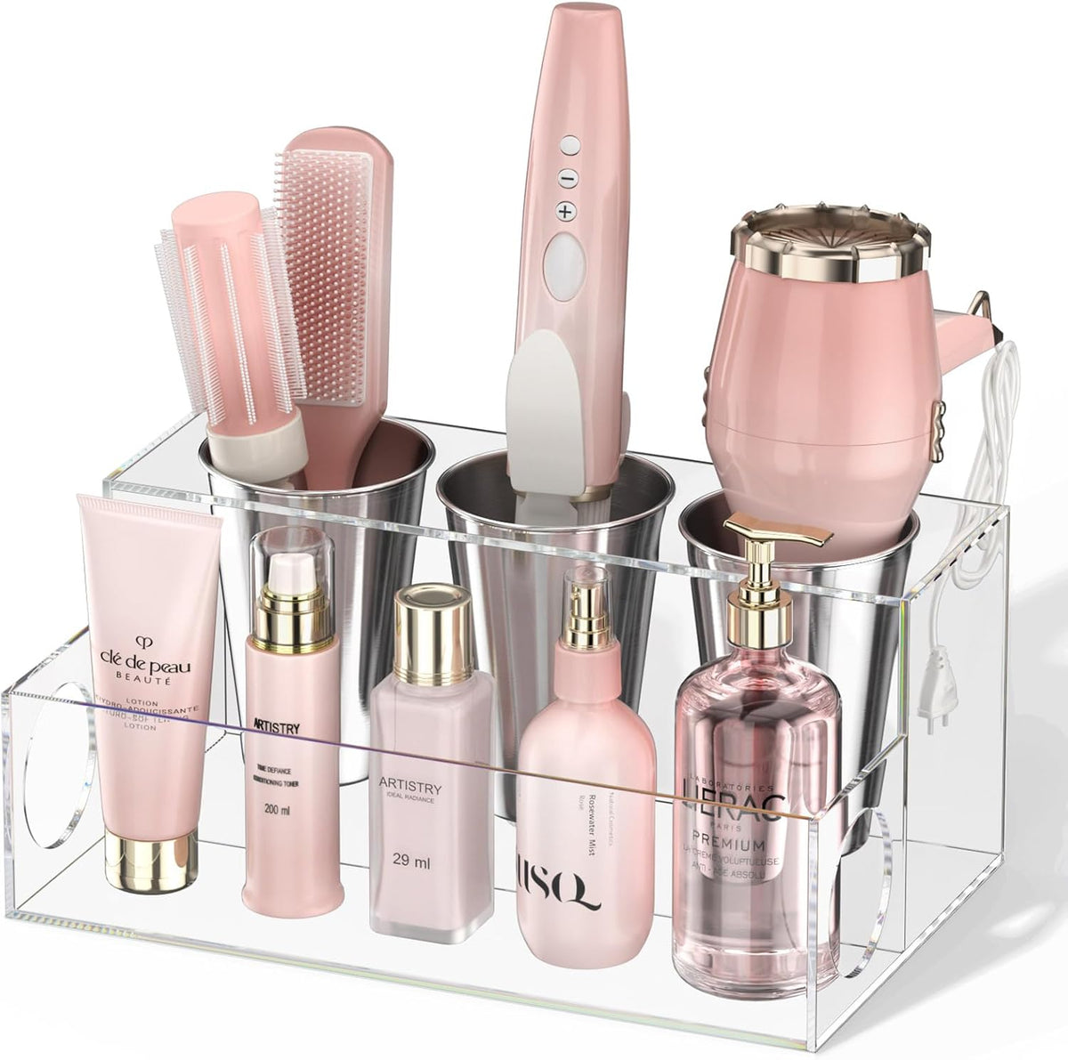 NIUBEE Acrylic Hair Tool Organizer,Hair Dryer Holder Countertop with 3 Cups