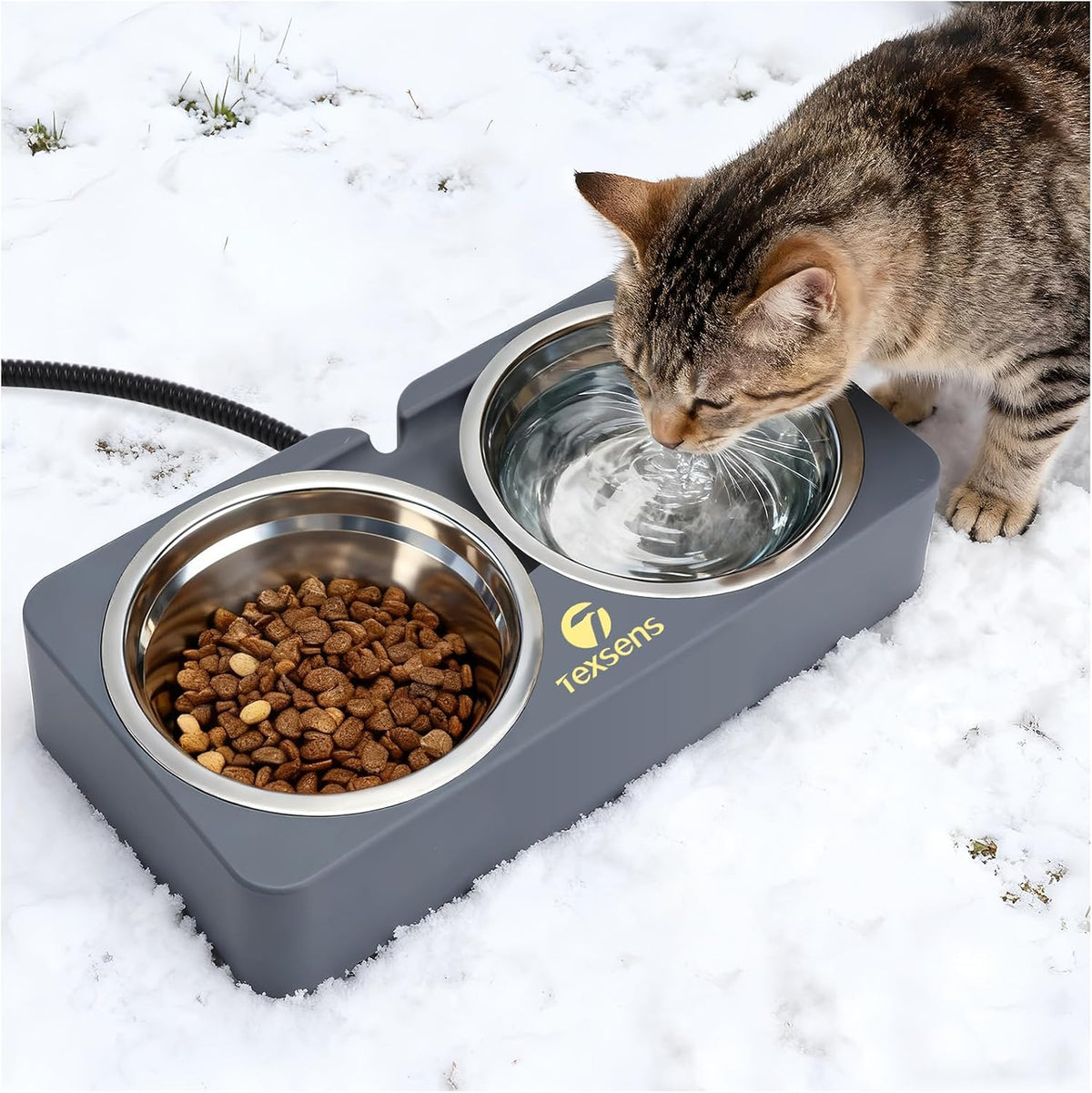 Heated Cat Bowl for Outdoor Pets - Double Stainless Steel Food & Water Bowls with Chew-Resistant Cord - Fully Waterproof Winter Feeding Station for Cats and Dogs - 20.3 OZ Each