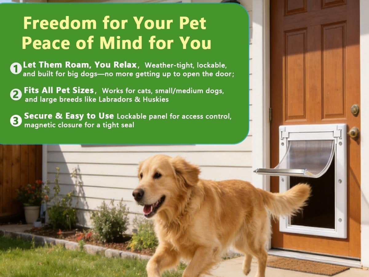 Pet Door Dog Door Easy Install - Wood & PVC Doors & Walls,Cat Door Free Movement & Strong Magnetic Auto-Close & Sliding Lock,Telescoping Frame,5 3/4" X 9 1/3" for Small Dogs Cats up to 15 Lb