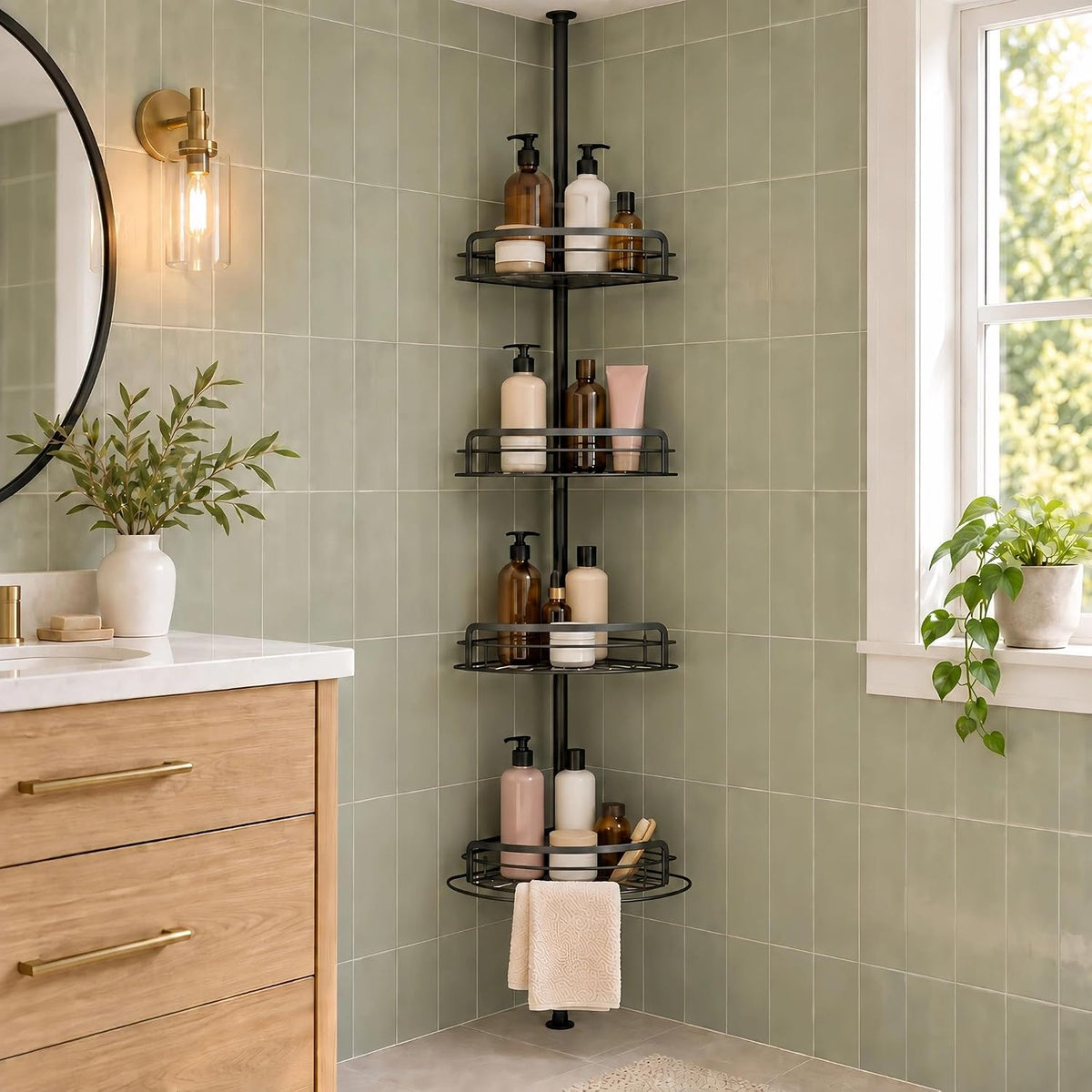 BOXIN Corner Shower Caddy Tension Pole, 4-Tier Rust-Resistant Adjustable Bathroom Organizer Shelves, 34-124 Inch No-Drill Quick Install, Space Saving Storage for Renters & Family