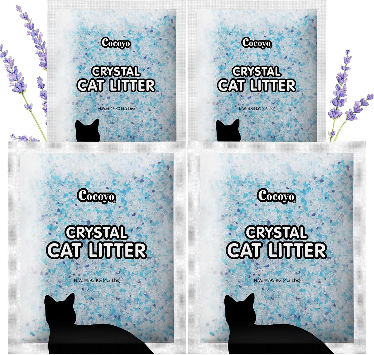 COCOYO Lavender-Scented Crystal Cat Litter I Silica Gel Cat Litter – 17.2 Lbs Value Pack (4.3 Lbs X 4)