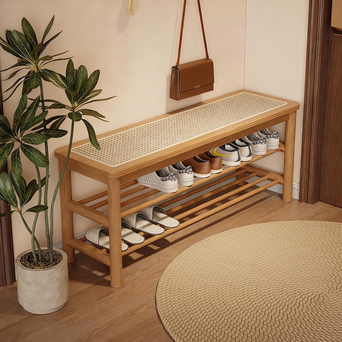 SOBIBO Bamboo Shoe Rack Bench with Rattan Seat, 3-Tier Shoe Storage Bench, Entryway Bench for Hallway,Nature-39.4 Inches