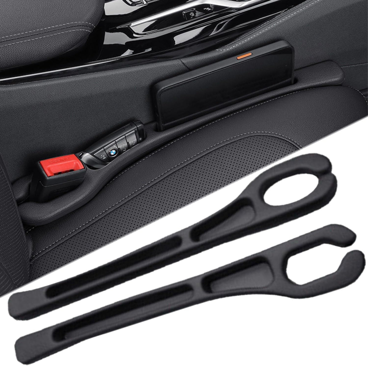 Car Seat Gap Filler Plug Strip 2 Pack, No-Drop Carseat Side Gap Filler Organizer Catcher with Dual Storage & Seatbelt Slot,Universal Fit Fill the Gap between Seats & Console for Car SUV Truck, Black