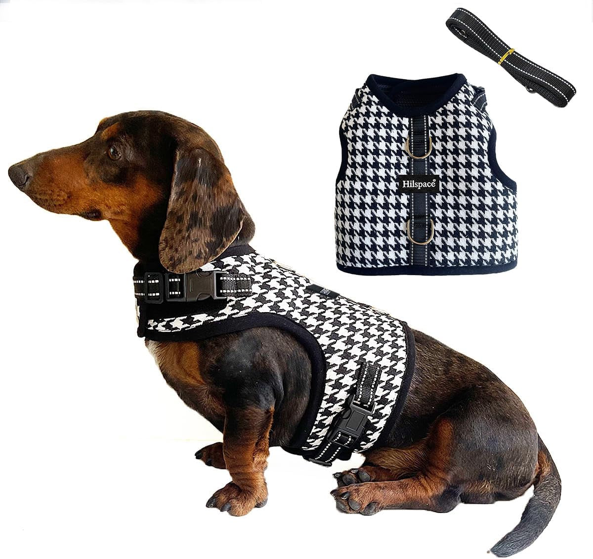 Dog Harness for Mini Dachshund, Houndstooth Rub-Free Dachshund Harness Vest, No Pull & Escape Proof, No Armpit Rub, Reflective Adjustable Dog Harness (Black, S: Chest 32-41Cm (12.5"-16"))