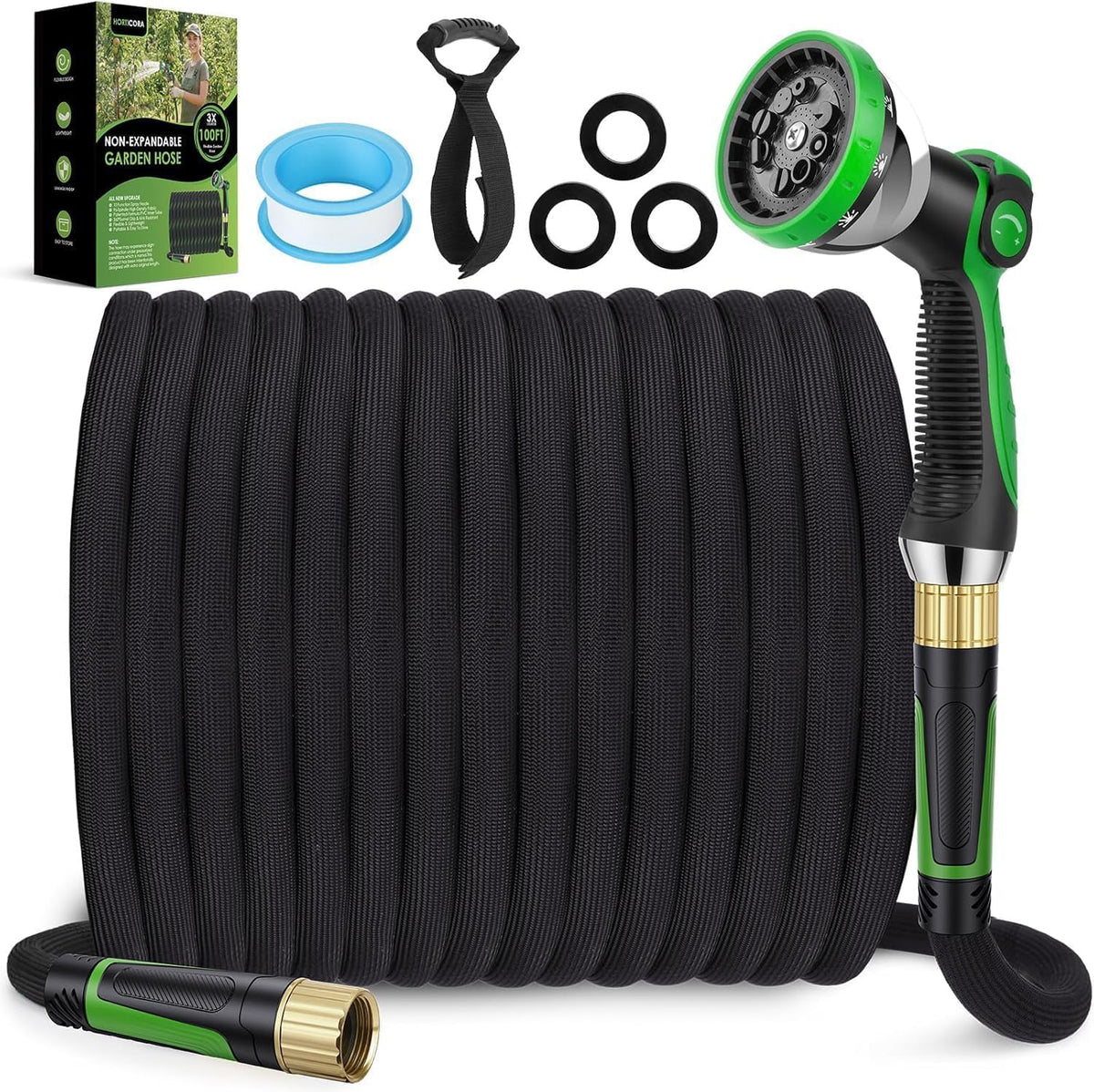 Non-Expanding Garden Hose 100 Ft, 360° Anti-Kink Swivel Fittings