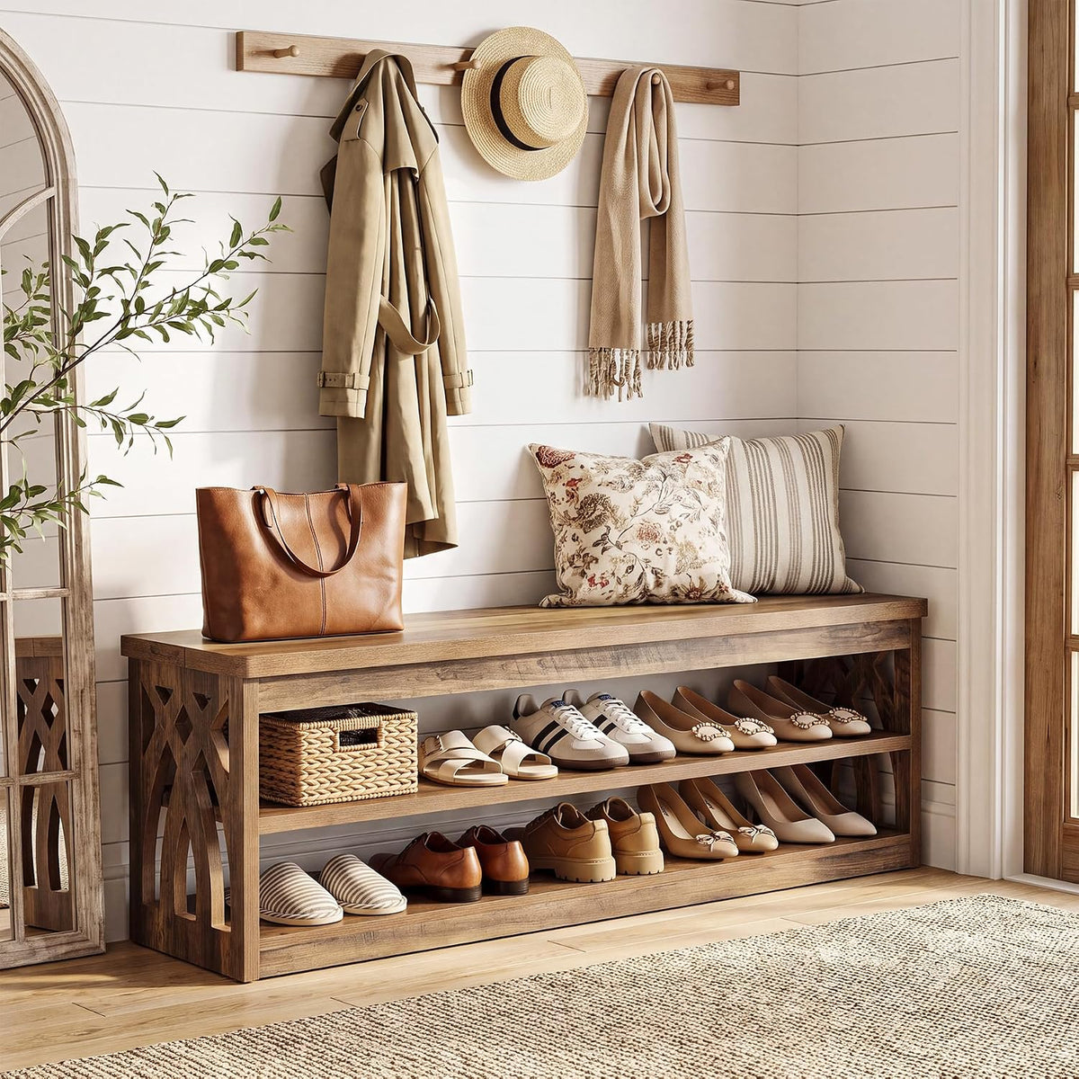 LITTLE TREE 55" Wooden Entryway Bench with 3-Tier Shelves