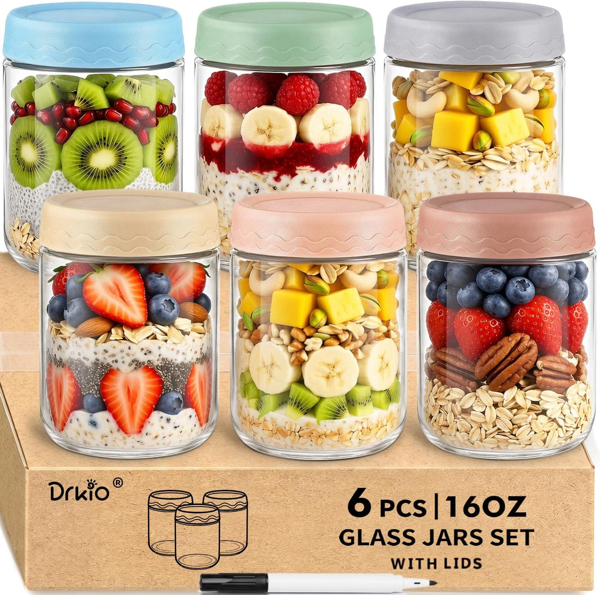 DRKIO 16 Oz Glass Overnight Oats Containers with Lids Chia Pudding Jars