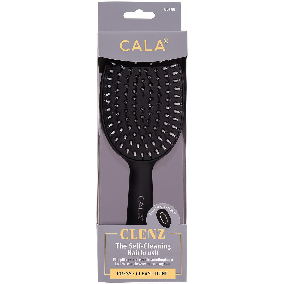 CALA CLENZ Self-Cleaning Hairbrush, Black, Press Clean Done, for All Hair Types