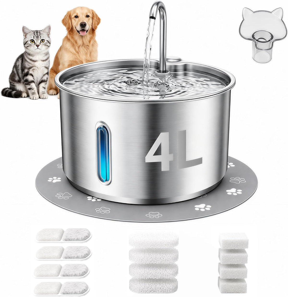 Stainless Steel Cat Water Fountain, 4L/135Oz Large Capacity Automatic Pet Water Fountain for Cats & Small Dogs, Quiet USB Powered Pet Water Dispenser with 4 Filters & 4 Sponges