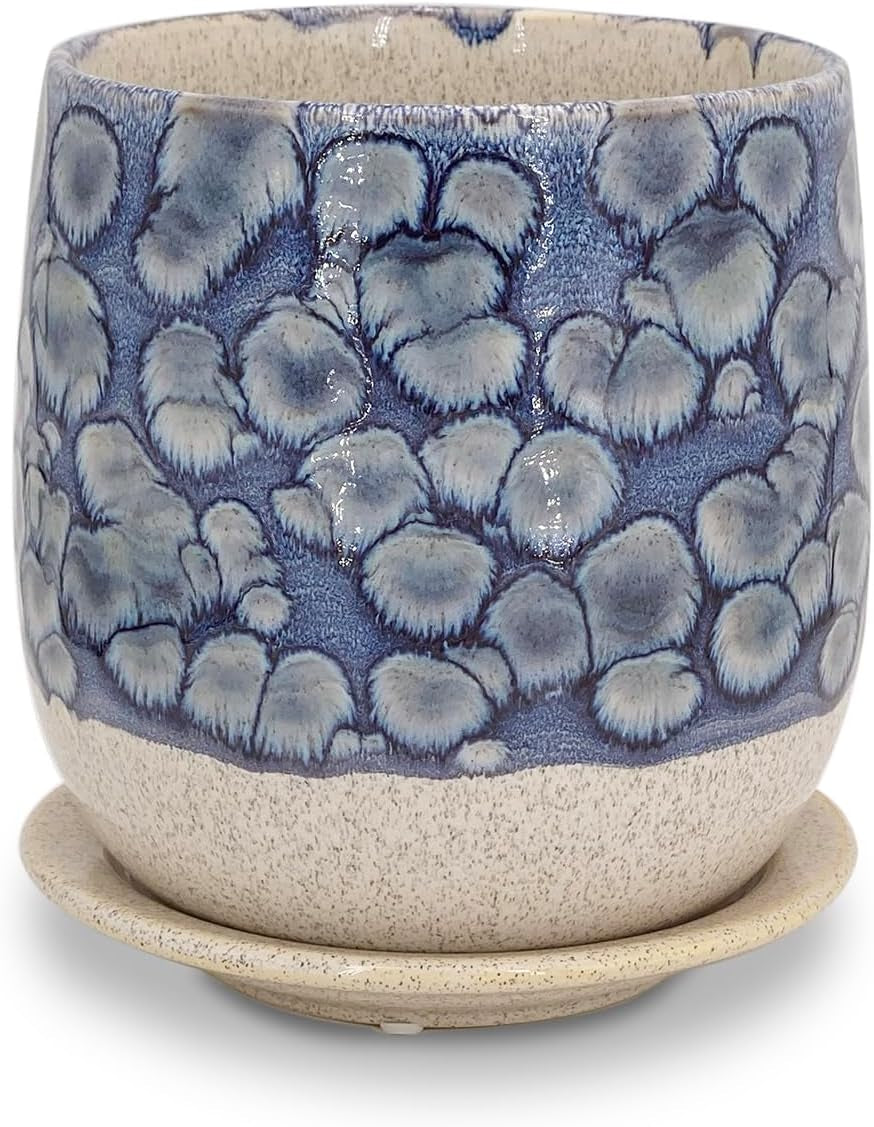 6 in Ceramic Plant Pot with Saucer,Indoor Plant Pot for Plants, Flower Pot with Drainage,Reactive Glaze Blue