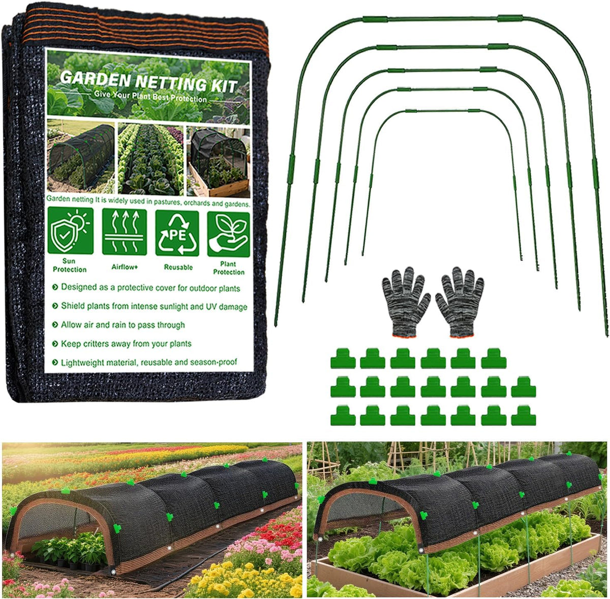 Garden Shade Cloth Kit 78.7"X59" Garden Sun Shade Cloth with Hoops for Heat Protection 75% Black Plant Shade Cloth Garden Greenhouse Grow Tunnel Shade Cloth Row Cover for Outdoor Plants Vegetables