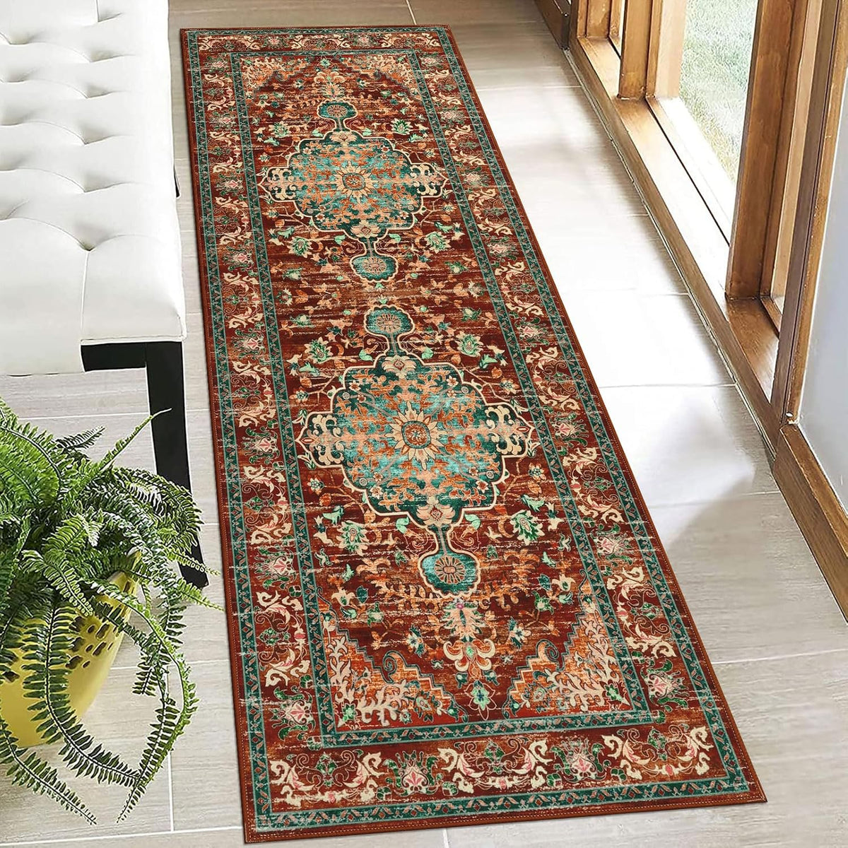 U'Artlines 2' X 6' Boho Hallway Runner Rug, Washable Carpet, Rust&Teal