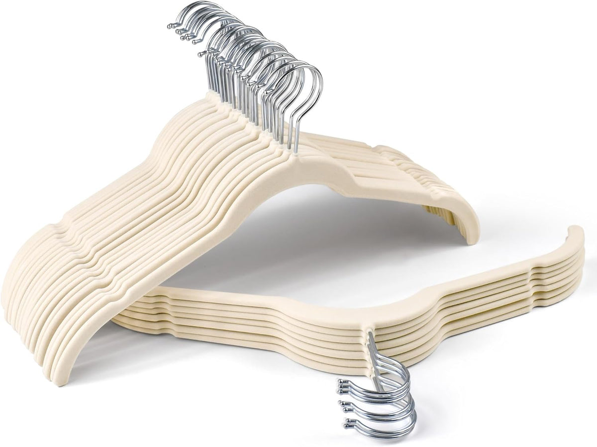 Sishynio Velvet Hangers 30 Pack, Non-Slip Slim Felt Clothes Hangers Beige