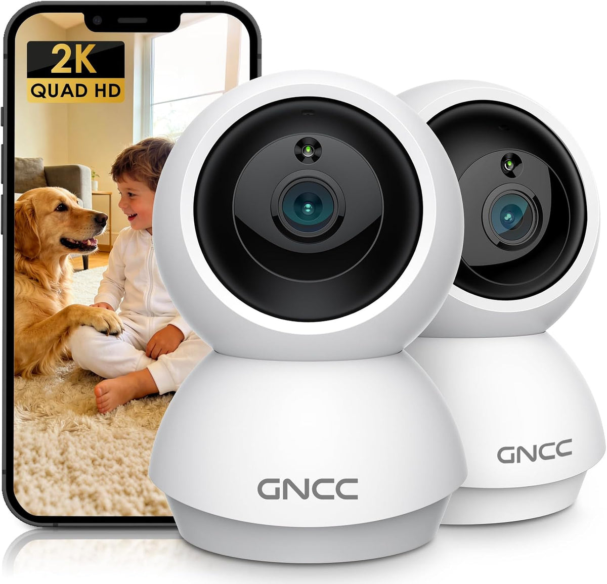 GNCC 2K Cameras for Home Security,360°Pan/Tilt Indoor Camera with App,2Pack