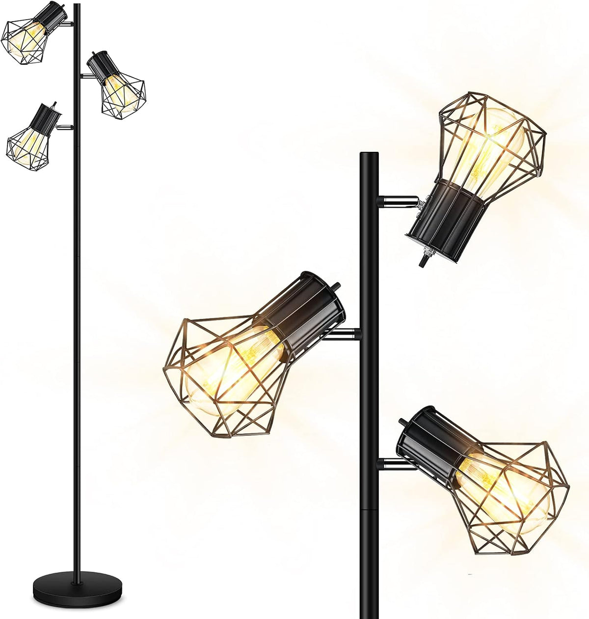 Boostarea Industrial Floor Lamp,Standing Lamp,Farmhouse Tree Floor Lamps with 3 Adjustable Cage Heads,E26 Socket,Independent Control,Floor Lamp for Living Room,Bedroom,Rustic Home(No Bulb)