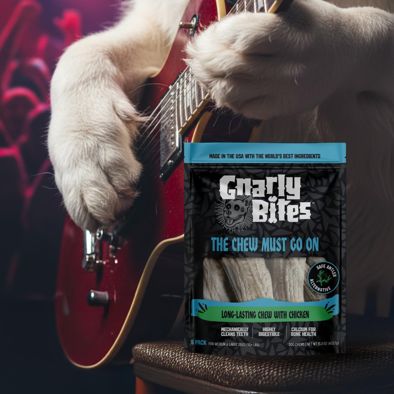 The Chew Must Go on Dog Chew, Long Lasting Healthy Snack for Adult Dogs over 50 Lbs, Made with Real Chicken, Safe Antler Alternative, Highly Digestible, Helps Clean Teeth