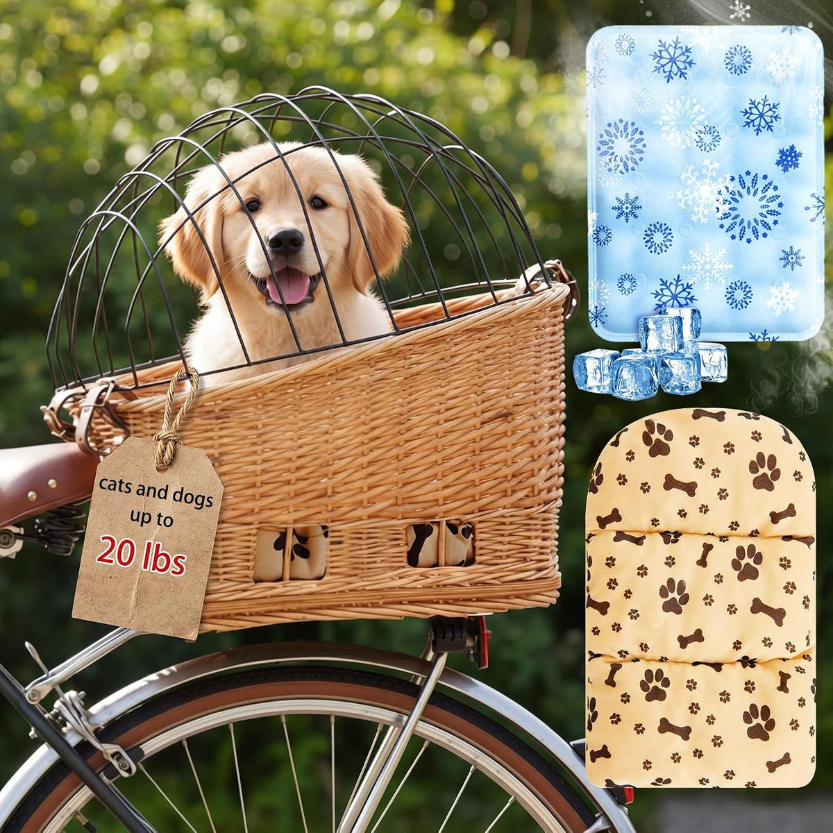 Wicker Dog Bike Basket for Small Dogs up to 20 Lbs, Tilted-Top