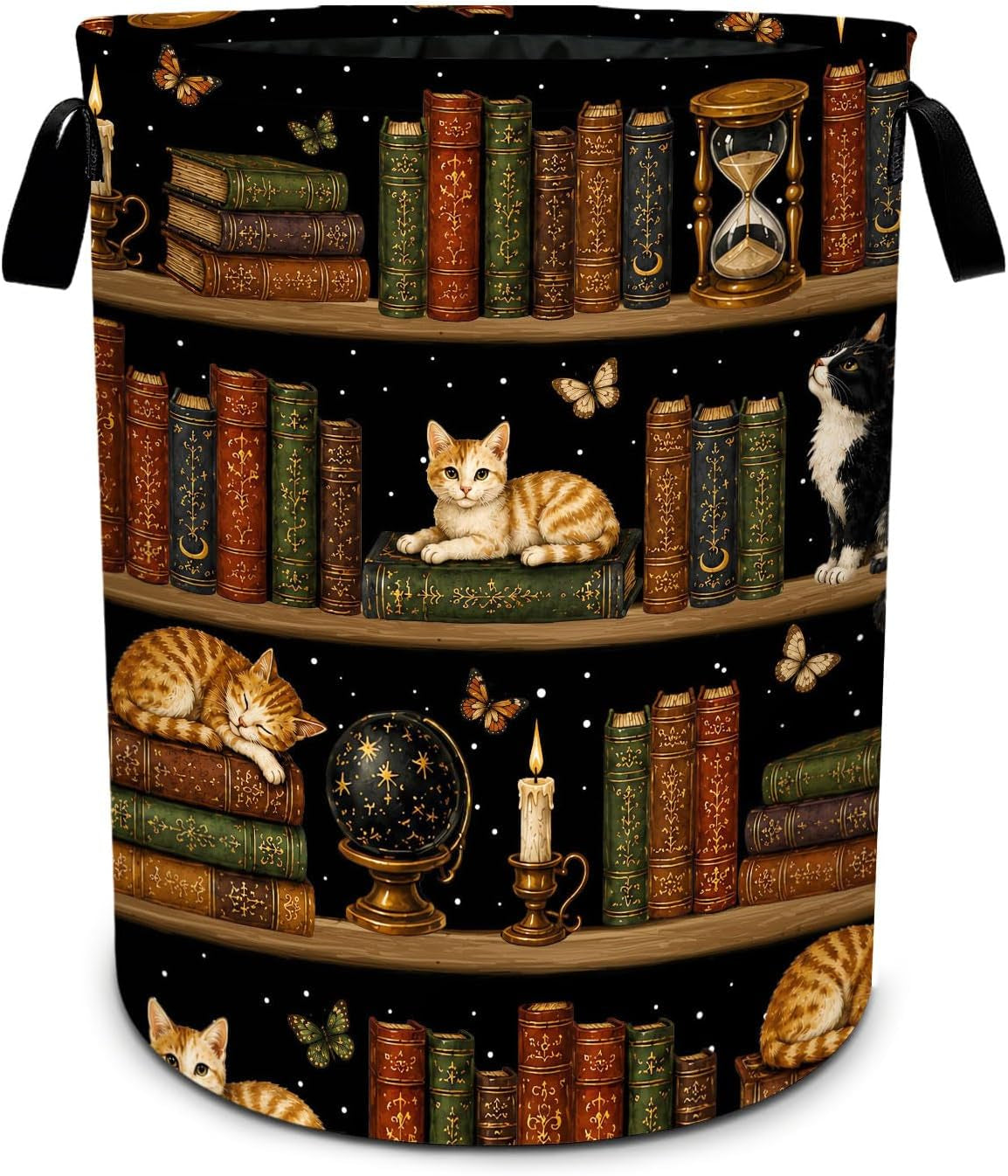 Cat Bookshelf Laundry Basket Collapsible Oxford Laundry Hamper Clothes Storage Bin with Handles for Bedroom Bathroom Laundry Room 19.6 X 15.7 Inches
